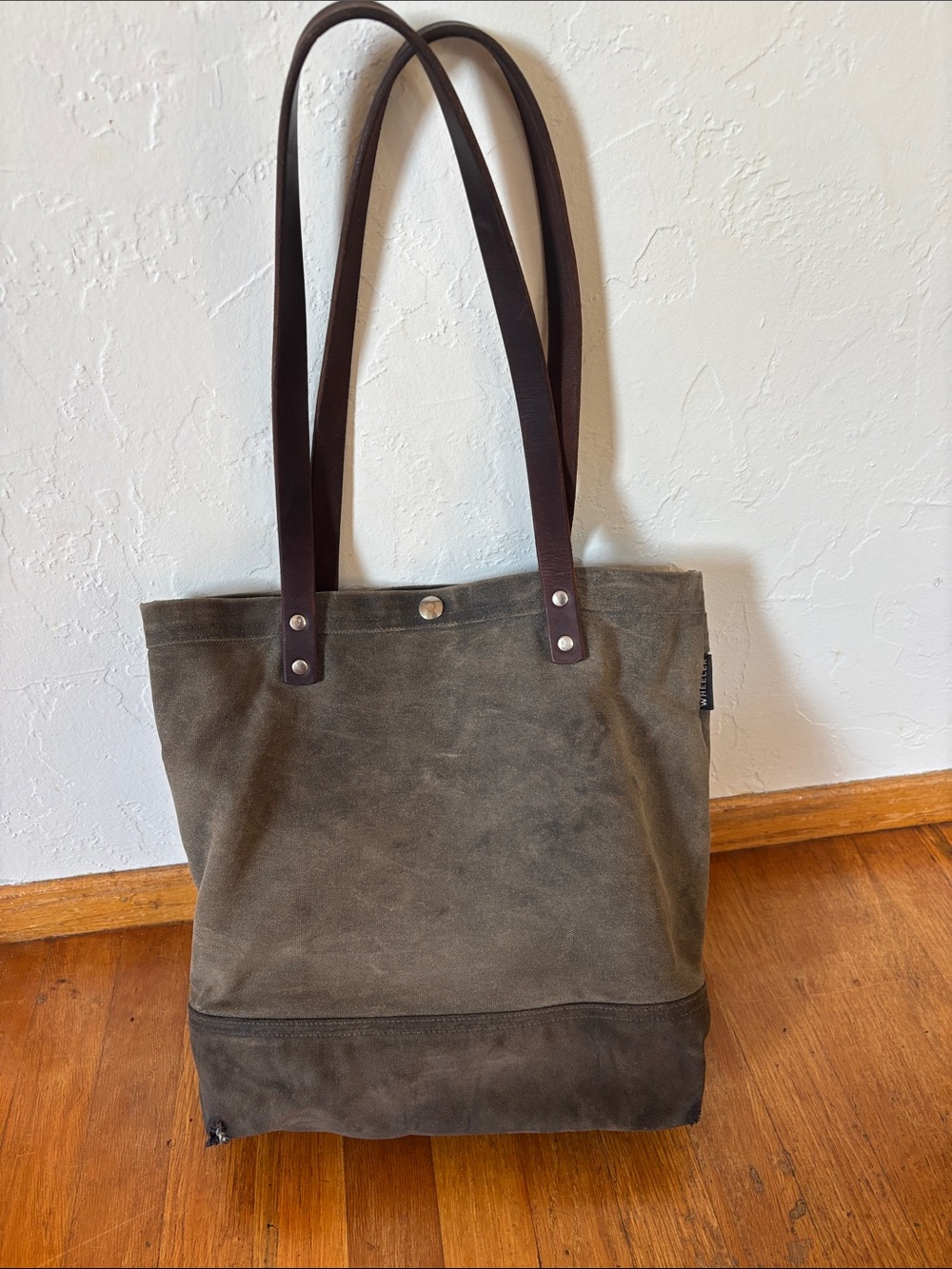 Waxed Canvas Tote Bag with Leather Straps - Grey Brown